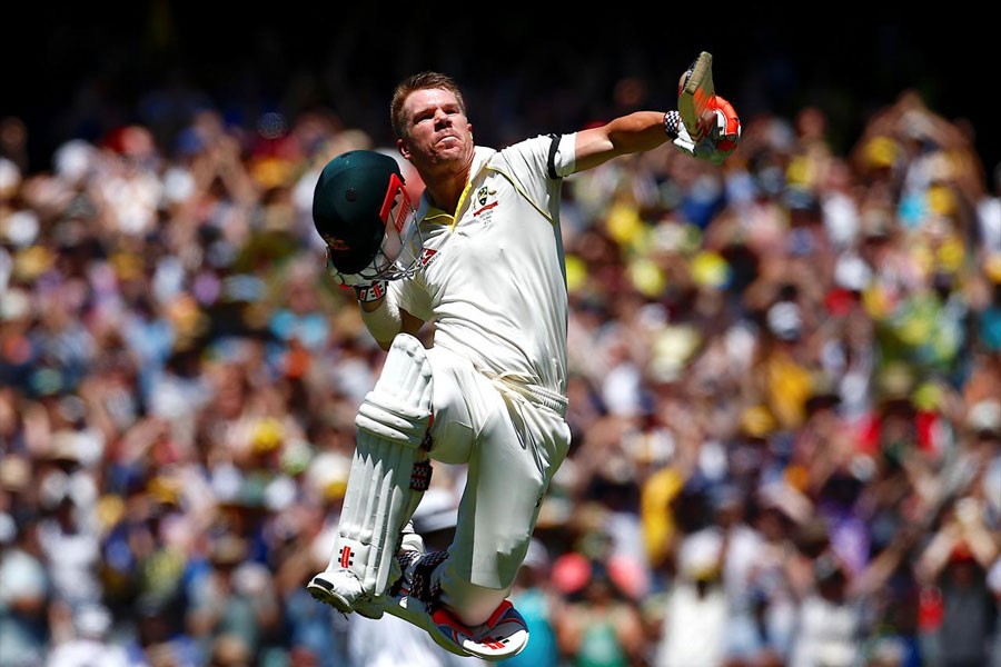 Ashes test match - Australia v England - MCG, Melbourne, Australia, December 26, 2017. Australia's David Warner celebrates reaching his century during the first day of the fourth Ashes cricket test match. (REUTERS)