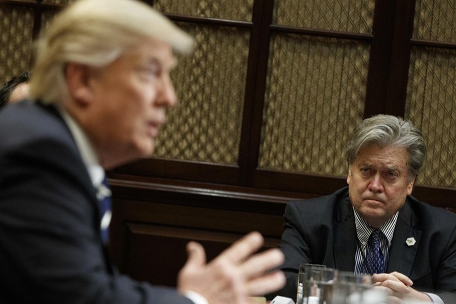 Bannon (R) was considered a key player in the Trump White House and helped shape Trump's "America First" campaign message before he left his post in August. - AP file photo