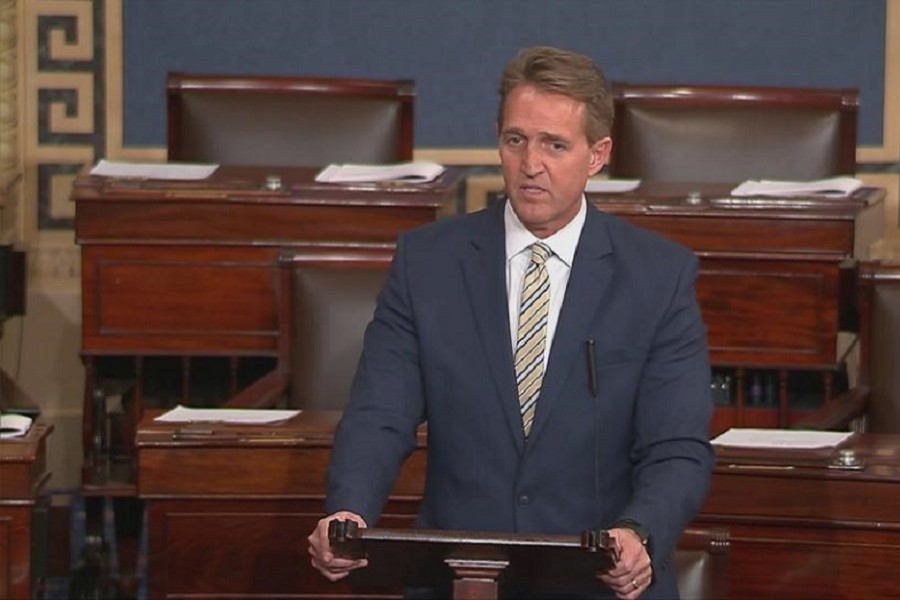 US Senator Jeff Flake (R-AZ) speaks on the Senate floor in this still image taken from video on Capitol Hill in Washington, US, January 17, 2018. Reuters