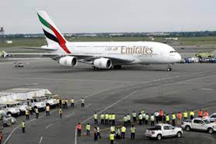 Emirates Airline's Airbus A380 arrives at John F. Kennedy International Airport in New York after its maiden flight August 1, 2008. 	— Reuters