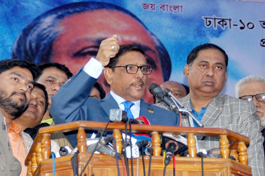 Awami League General Secretary Obaidul Quader speaking at the inaugural function of member collection and membership renewal programme of Awami League at the Bangabandhu Bhaban at Dhanmondi in the city on Monday.  	— Focus Bangla