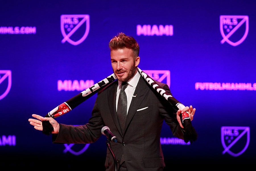 David Beckham, wearing a league scarf, speaks at this official announcement for Miami's MLS expansion team in Miami, Florida, US January 29, 2018. (Reuters Photo)