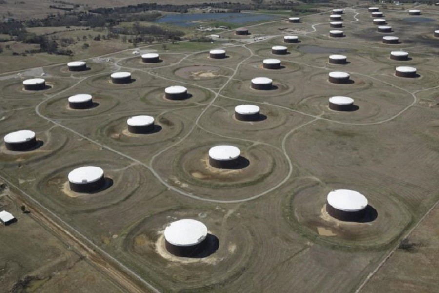 Crude oil storage tanks are seen from above at the Cushing oil hub, in Cushing, Oklahoma, March 24, 2016. Reuters/File Photo