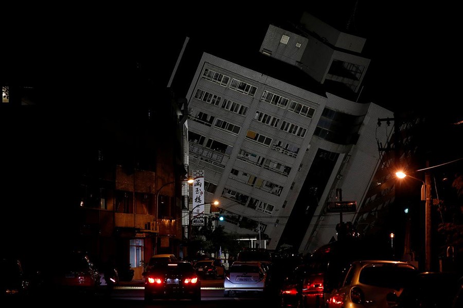 A damaged building is seen after an earthquake hit Hualien, Taiwan on Tuesday night.