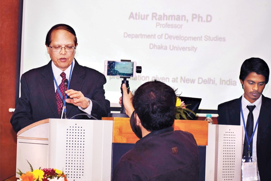 Dr Atiur Rahman speaks as a guest of honour at the inaugural session of the International Conference on 'Changed Social Responsibility' in New Delhi recently.