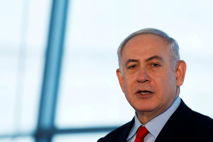 Israeli Prime Minister Benjamin Netanyahu speaks during the dedication ceremony of a new concourse at the Ben Gurion International Airport, near Lod, Israel February 15, 2018. (REUTERS)