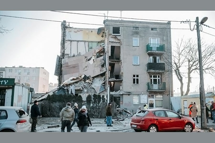 A general view of a collapsed building is seen in Poznan, Poland, March 4, 2018 in this picture obtained from social media. Reuters.