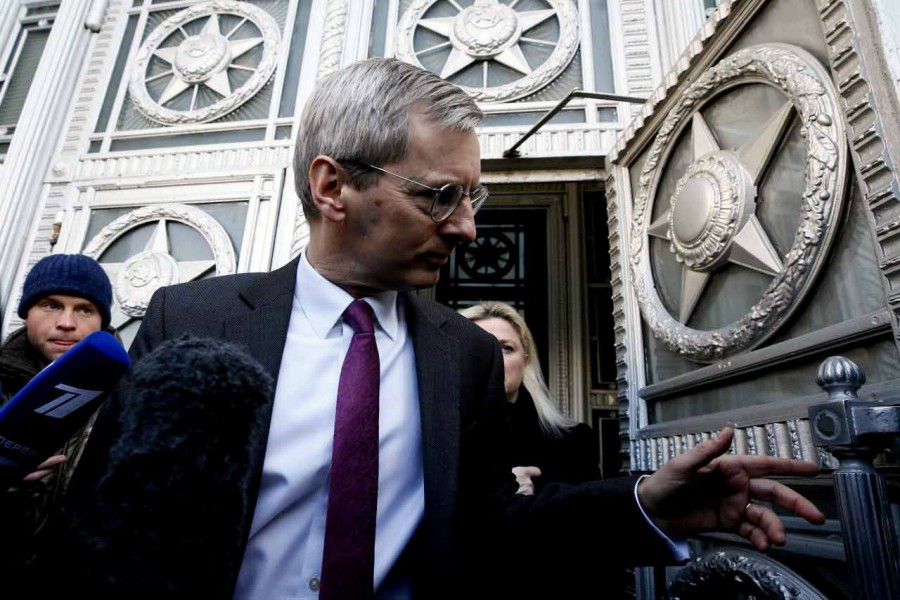 British Ambassador to Russia Laurie Bristow leaves the Russian Foreign Ministry in Moscow on Saturday. -Reuters Photo