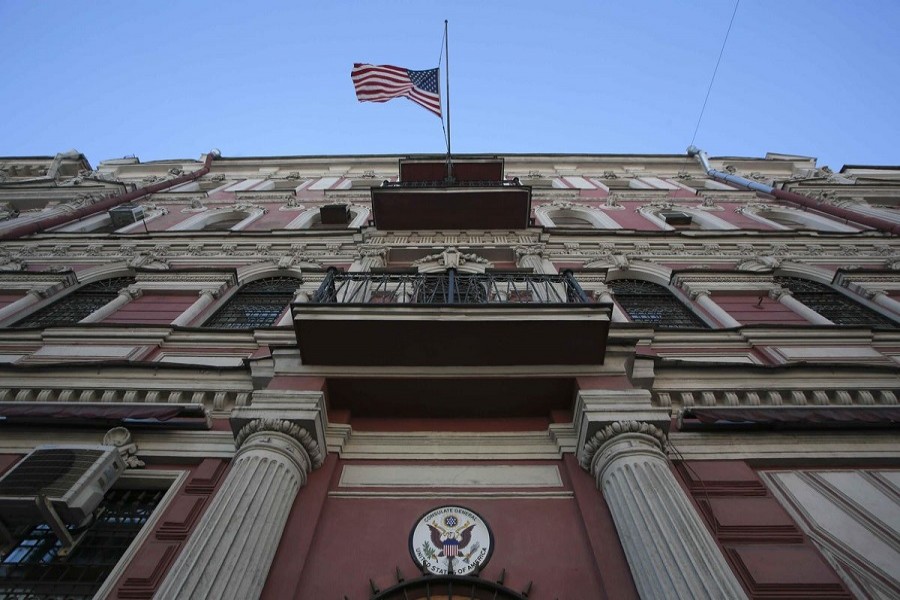 A view through a fence shows the building of the consulate-general of the US in St. Petersburg, Russia March 29, 2018. Reuters