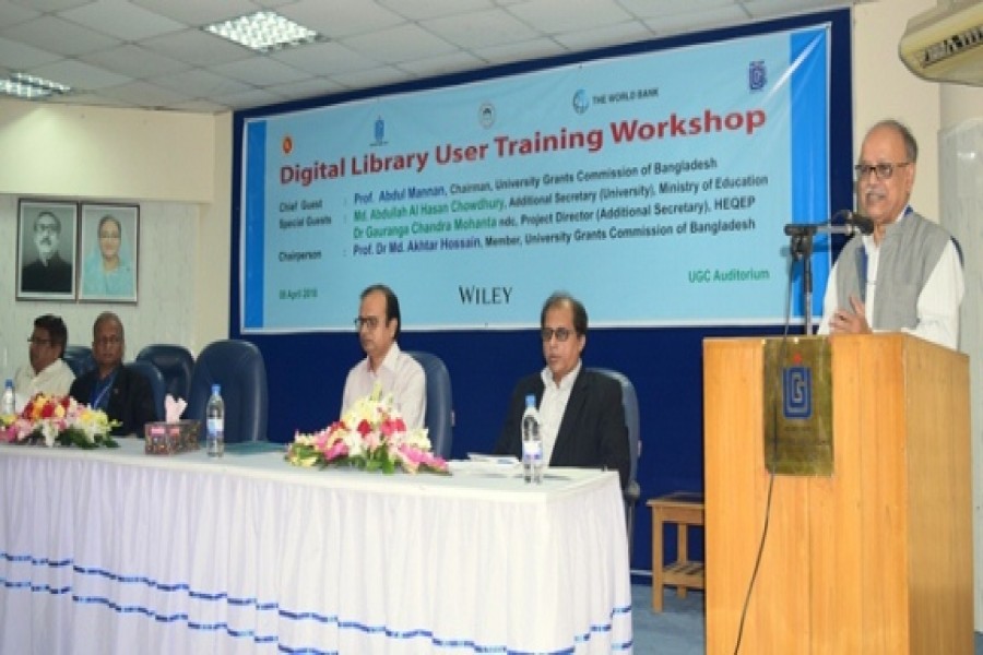 Speakers addressing a workshop titled ‘University Grants Commission (UGC) Digital Library User Training’ at UGC Auditorium in the city on Sunday. Photo: UNB