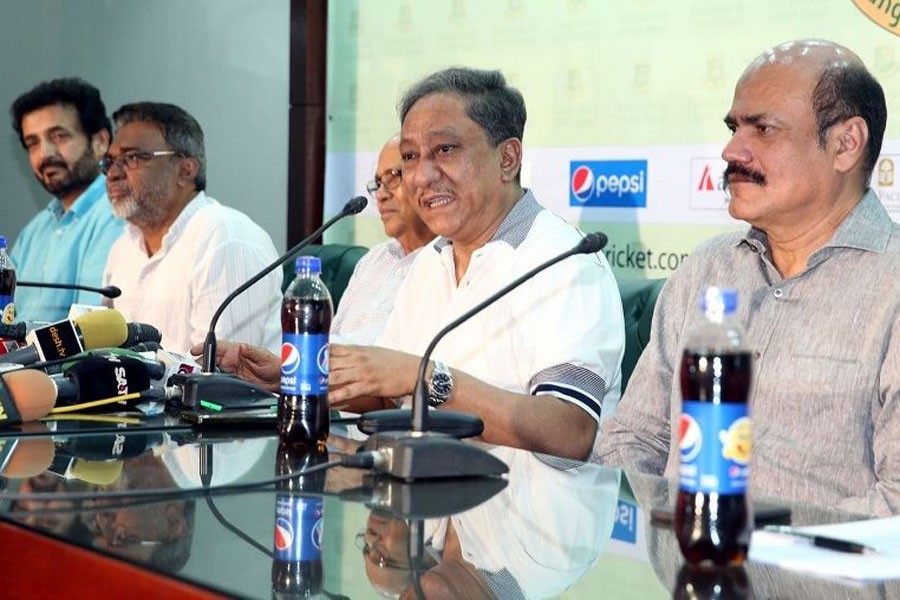 BCB president Nazmul Hassan addresses the media at a press conference. Photo: BCB