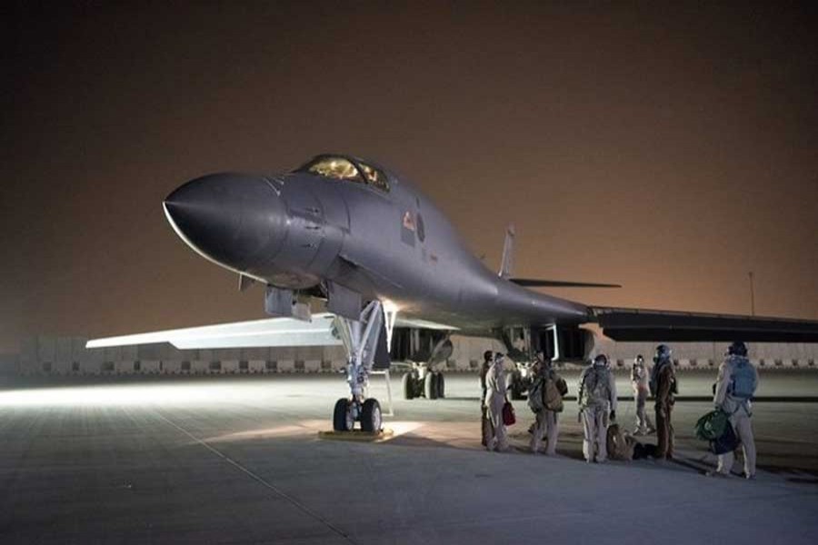 A US Air Force B-1B Lancer and crew, being deployed to launch strike as part of the multinational response to Syria's use of chemical weapons, is seen in this image released from Al Udeid Air Base, Doha, Qatar on April 14, 2018. US Air Force/Hhndout via Reuters