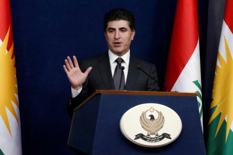 Kurdish region’s Prime Minister Nechirvan Barzani speaks during a news conference in Erbil, Iraq. Reuters.