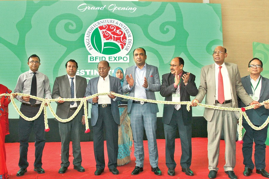 Commerce Minister Tofail Ahmed inaugurating 'Bangladesh Furniture and Interior Decor Expo-2018' at International Convention City Bashundhara in the capital on Sunday   	— FE photo