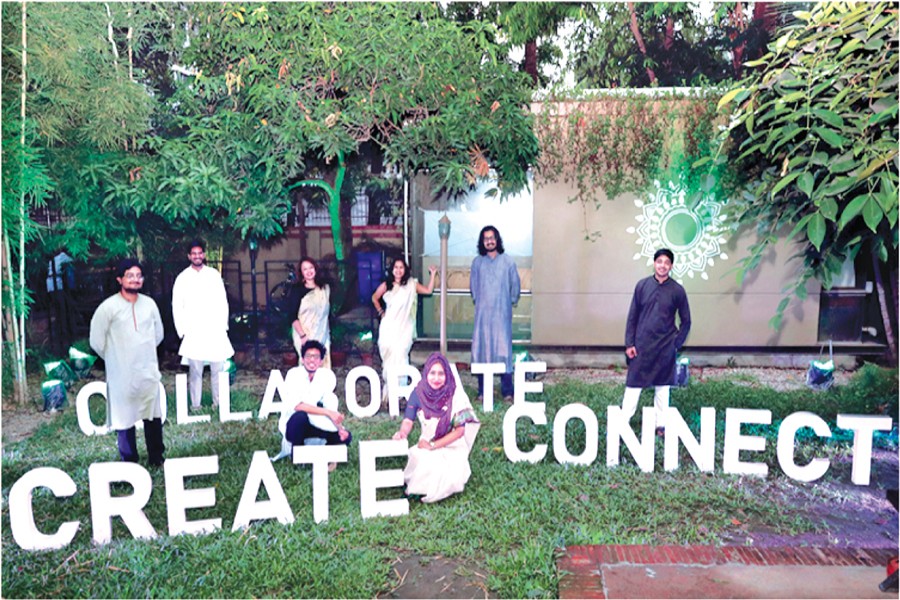 The team members of Bengal Creative Hub at a knowledge sharing session arranged for country’s creative communities at Paturi Bangladesh, a restaurant in Dhaka