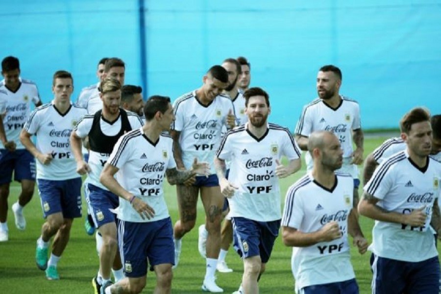 Football - World Cup - Argentina Training - Argentina Team Training Site, Moscow, Russia - June 28, 2018 Argentina's Lionel Messi with team mates during training. Reuters