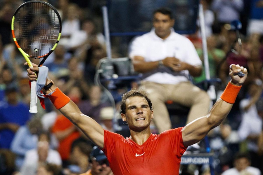 Spain's Rafael Nadal celebrating after defeating France's Benoit Paire during the Rogers Cup men's tennis tournament in Toronto on Wednesday	— AP