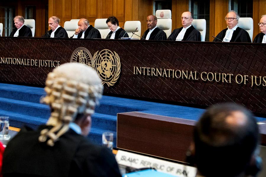 Members of the International Court of Justice hearing the allegations of violations of the 1955 Treaty of Amity between Iran and the US at the International Court in The Hague in the Netherlands on Monday. -Reuters Photo