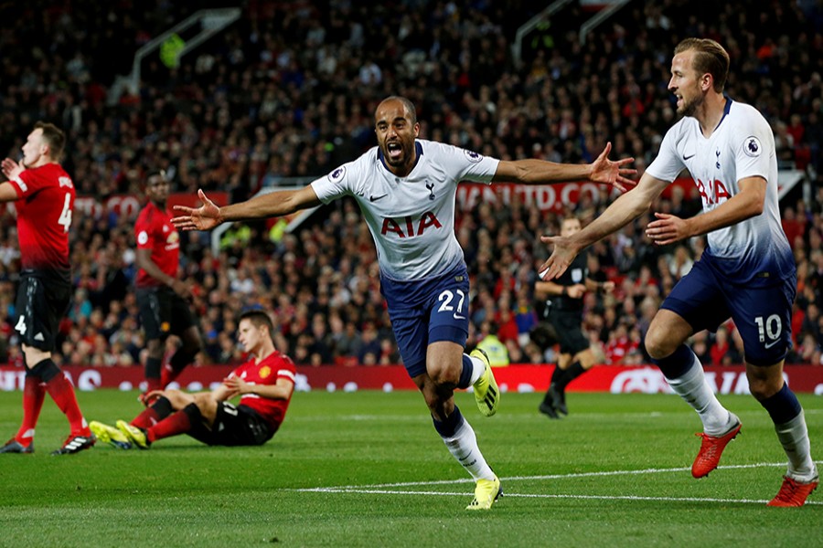 Tottenham's Lucas Moura celebrates scoring their second goal against the Red Devils at Old Trafford on Monday — Reuters photo