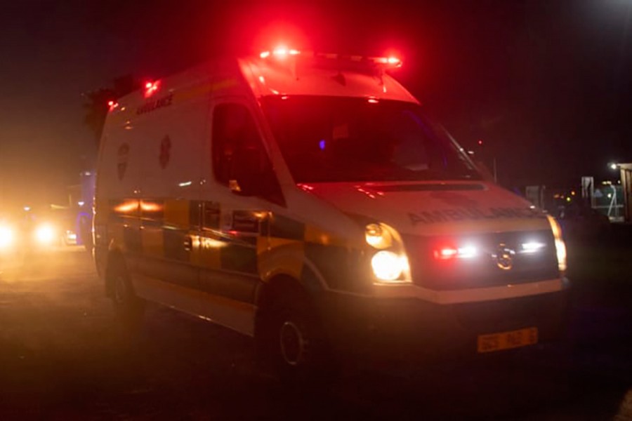 An emergency vehicle leaves the Rheinmetall Denel Munition depot, at Somerset West, near Cape Town, South Africa on Monday — AP photo