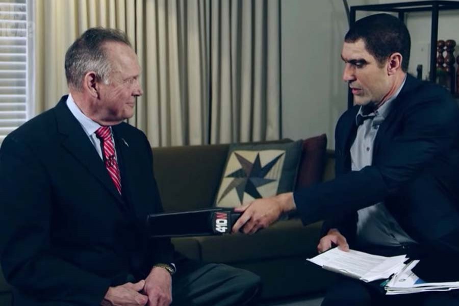 Sacha Baron Cohen, as an Israeli antiterrorism expert on “Who Is America?,” using a device he said was a 'pedophile detector on the Alabama politician Roy S. Moore. Photo: Showtime