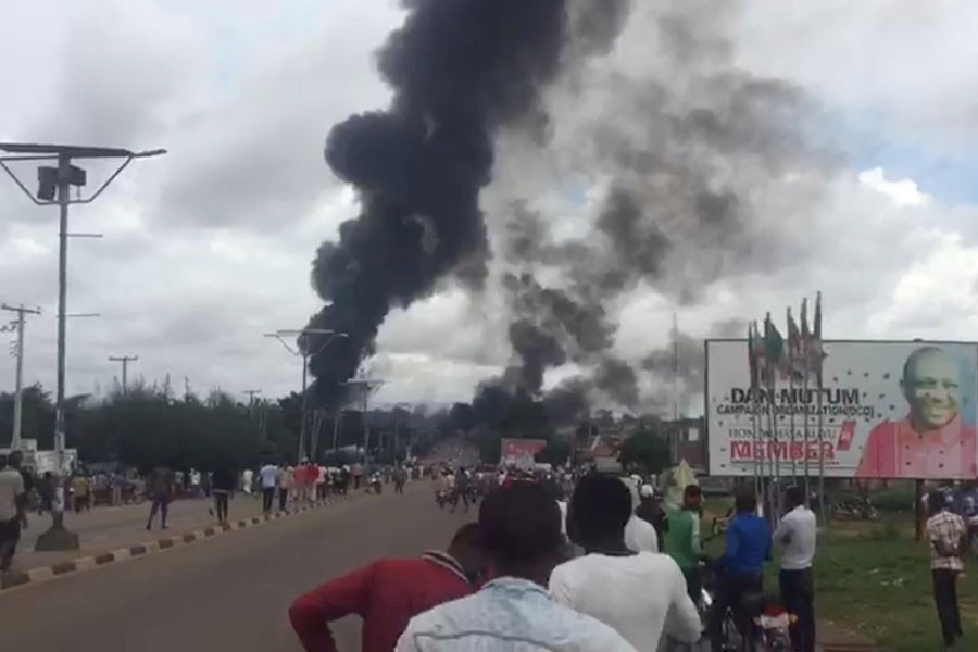 A smoke and fire are seen during a gas explosion in Lafia, Nigeria, September 10, 2018, in this image obtained from social media – Courtesy: Twitter/@FAUXHEMIAN_/via Reuters