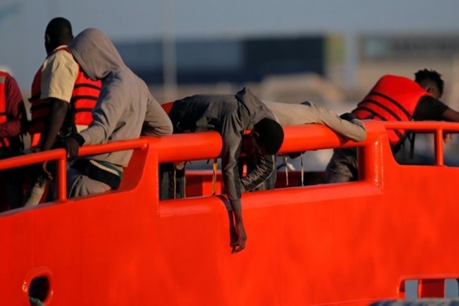 Migrants are seen on a rescue boat at the port of Malaga, southern Spain, Sept. 22, 2018. - Reuters