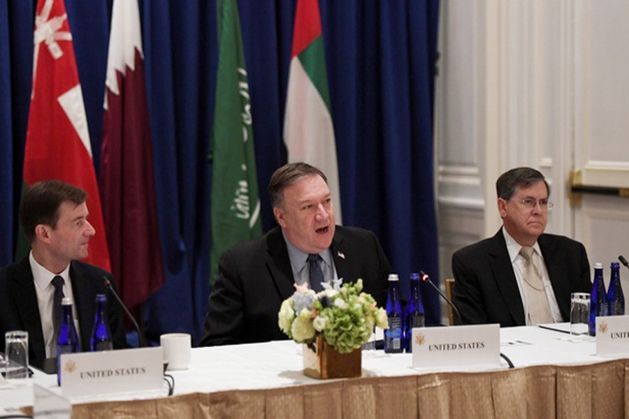 US Secretary of State Mike Pompeo (centre) speaking alongside US Ambassador David Satterfield (right) and Under Secretary of State for Political Affairs David Hale (left) while hosting a Gulf Cooperation Council summit on the sidelines of the United Nations General Assembly in New York City, US recently	— Reuters