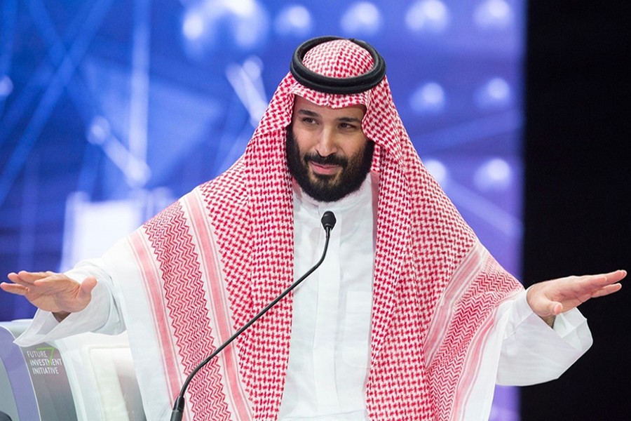 Saudi Crown Prince Mohammed bin Salman speaks during the Future Investment Initiative Forum in Riyadh, Saudi Arabia on Wednesday. Courtesy of Saudi Royal Court/Handout via Reuters