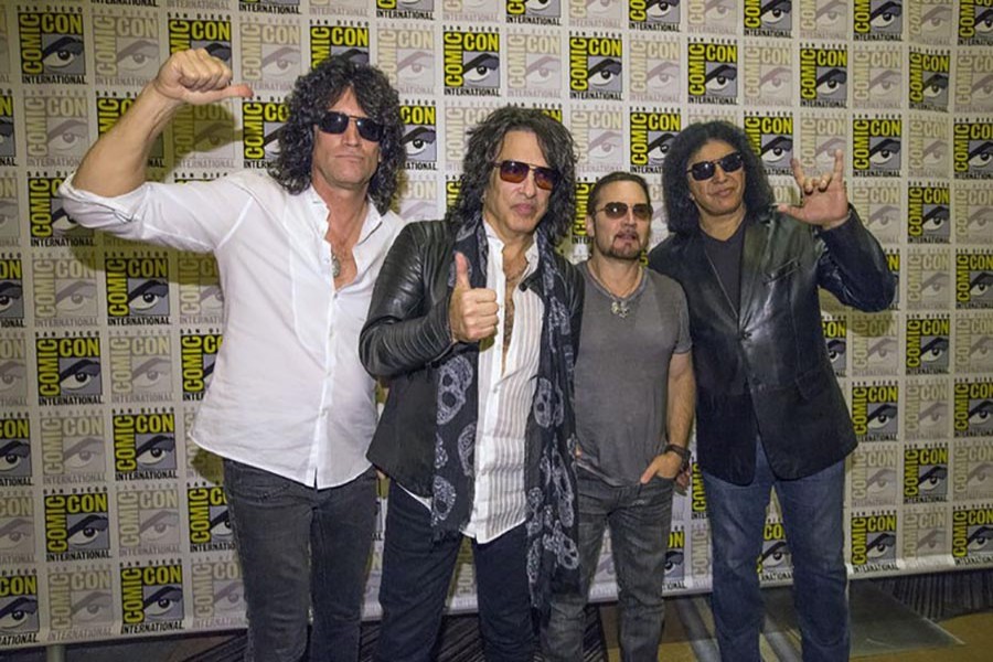 Rock band Kiss (from L-R) Tommy Thayer, Paul Stanley, Eric Singer and Gene Simmons pose at a press line. Internet photo