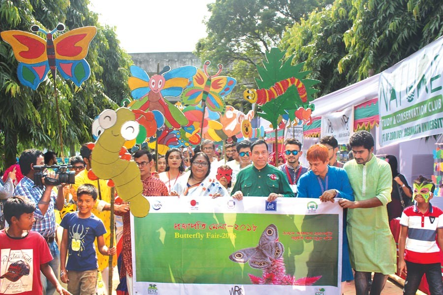 The butterfly rally led by Vice-chancellor of Jahangirnagar University Professor Farzana Islam paraded the campus. Pro-VC Professor Nurul Alam, Chairman of Zoology Department Professor Md Monwar Hossain, students and competitors of different events of Butterfly Fair took part