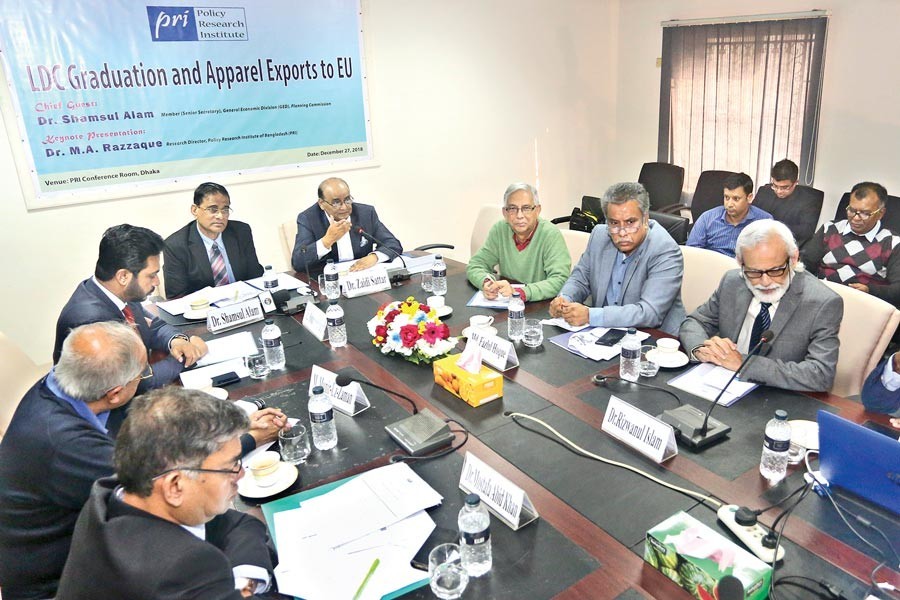 Policy Research Institute of Bangladesh (PRI) Chairman Dr Zaidi Sattar speaking at a seminar on "LDC Graduation and Apparel Exports to EU" at PRI conference room in the city on Thursday — FE photo