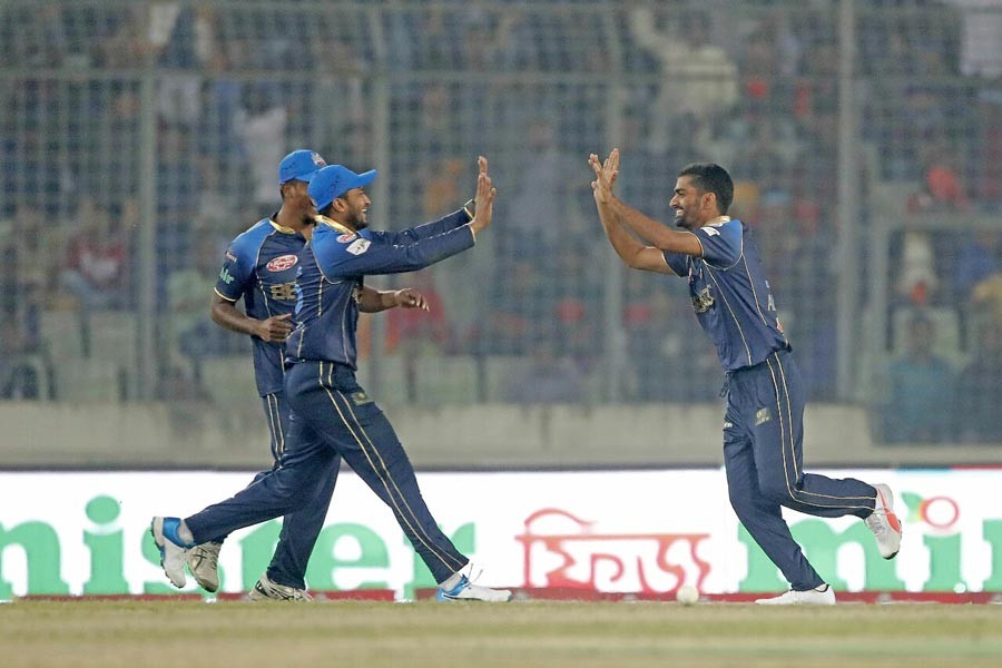 Dhaka Dynamites' Al Islam Alis celebrating after taking a wicket in the match against Rangpur Riders at Sher-e-Bangla National Cricket Stadium at Mirpur in the city on Friday	— BCB