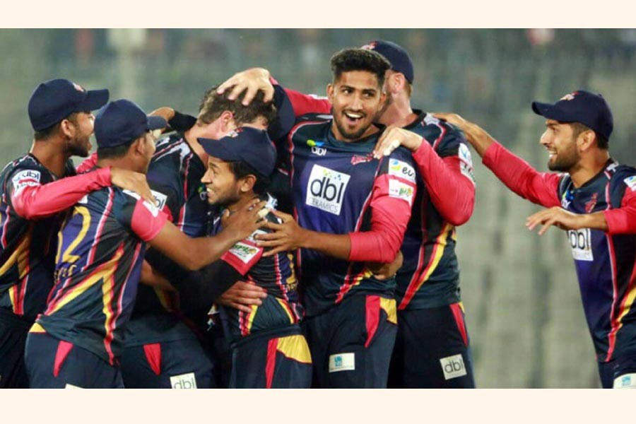 Chittagong Vikings' players celebrating after winning against Dhaka Dynamites in the BPL match at the Zahur Ahmed Chowdhury Stadium in Chattogram on Wednesday	— UNB