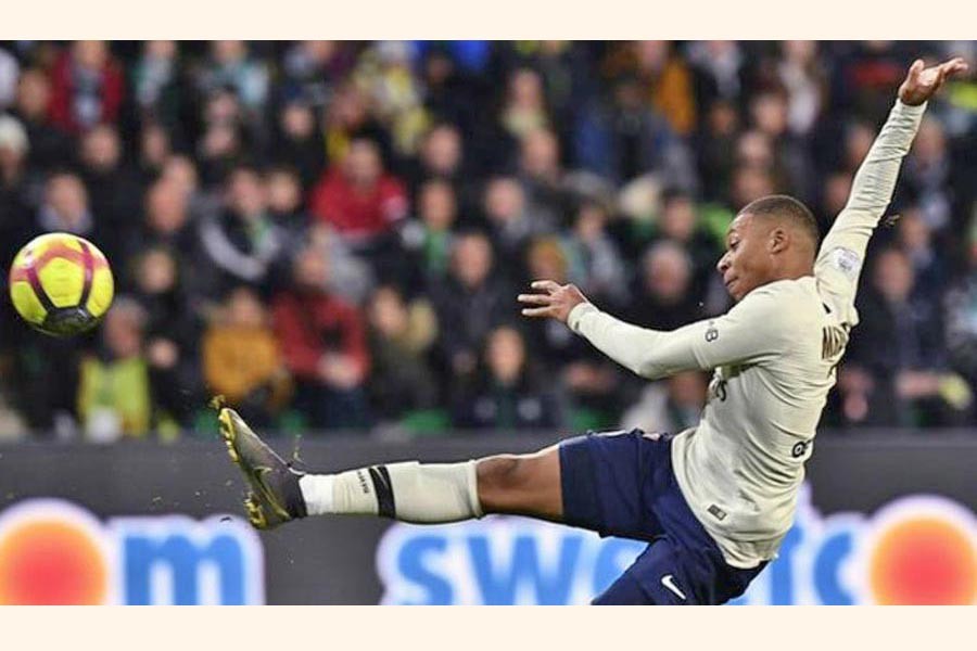 Kylian Mbappe of PSG scoring a goal against Saint-Etienne on Sunday	— Internet