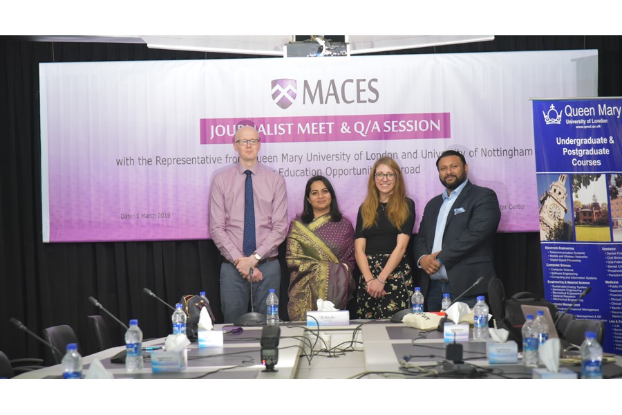 Lee Wildman, head of International Student Recruitment Department of Queen Mary University of London, Emma Winter, manager of South Asia's International Relations Division of the University of Nottingham, Rouham Manzoor, Managing Partner, and Tina Salem Manzoor, Founding Partner of MACES, pose for photograph at the seminar.