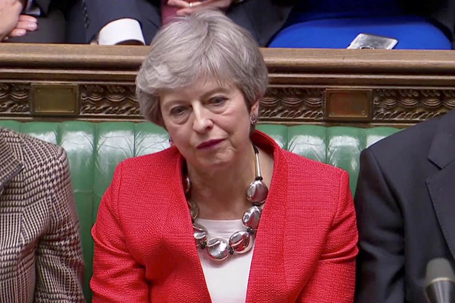 British Prime Minister Theresa May reacts after tellers announced the results of the vote Brexit deal in Parliament in London, Britain on March 12, 2019, in this screen grab taken from video — via Reuters