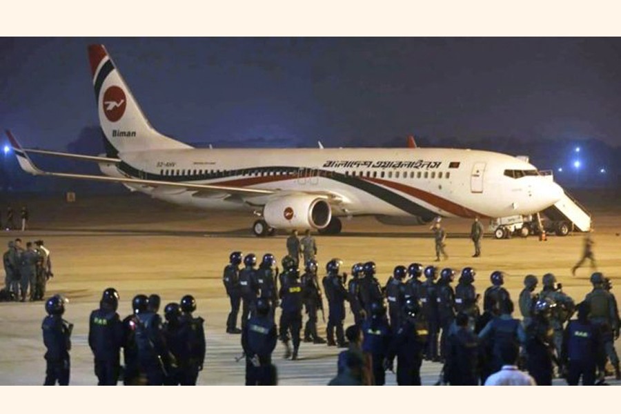 Law enforcers on guard at the Chattogram airport recently after a plane hijack attempt