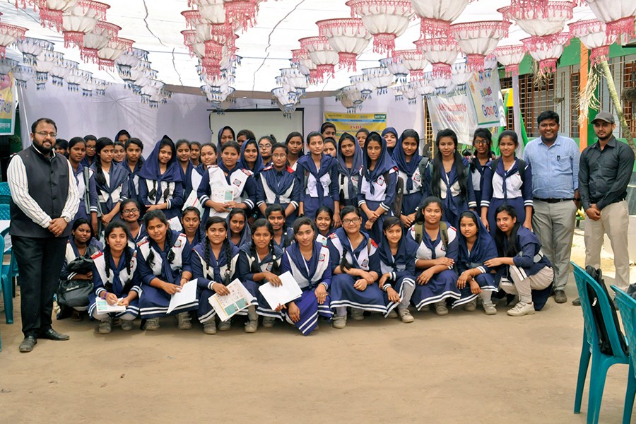 Mr. Chiraag Mehta, Associate Director, ISBF (extreme left) and Mr.Amarnath Mondal (second from right) with students during the Playnomics Workshop held at Tulip International School & College (Dinajpur)