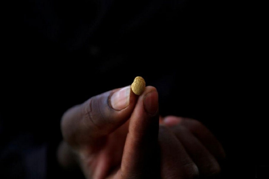 An artisanal gold miner holds a gold nugget at an unlicensed mine in Gaoua, Burkina Faso, February 13, 2018. Picture taken February 13, 2018. REUTERS/Luc Gnago