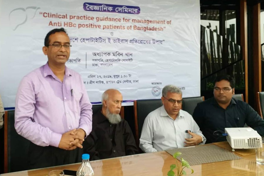 Renowned liver specialist Dr Md Shahinul Alam addressing a scientific seminar in the city on Saturday   