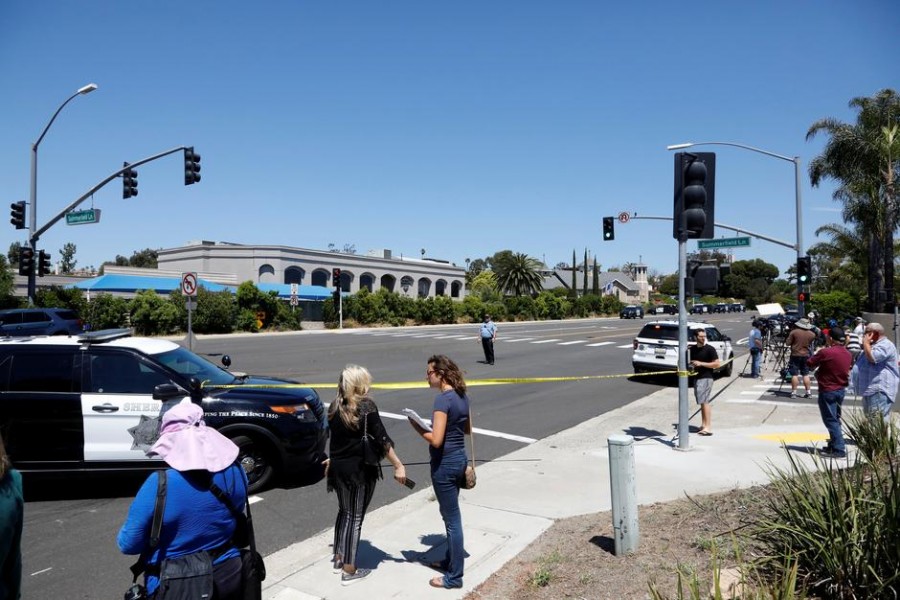 San Diego Police secure the scene of a shooting incident at the Congregation Chabad synagogue in Poway, north of San Diego, California, US, April 27, 2019 - Reuters