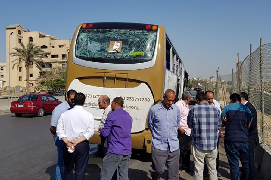 A damaged bus is seen at the site of a blast near a new museum being built close to the Giza pyramids in Cairo, Egypt on May 19, 2019 — Reuters photo