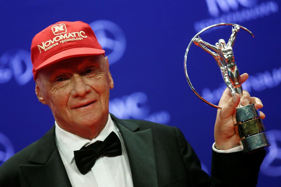 Former Formula One driver Niki Lauda poses with his Lifetime award during the Laureus World Sports Awards 2016 in Berlin, Germany on April 18, 2016 — Reuters/Files