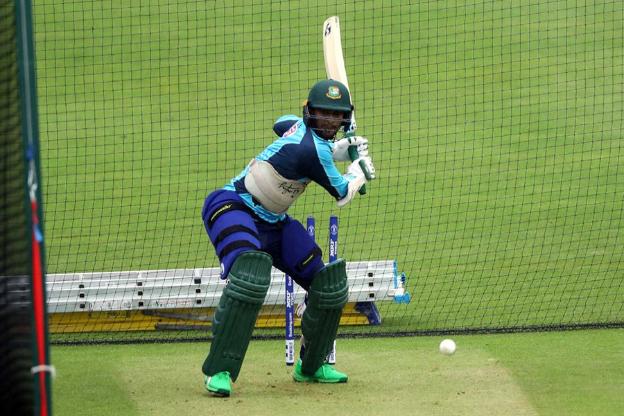 Bangladesh ace all-rounder Shakib Al Hasan bats in the nets during a practice session