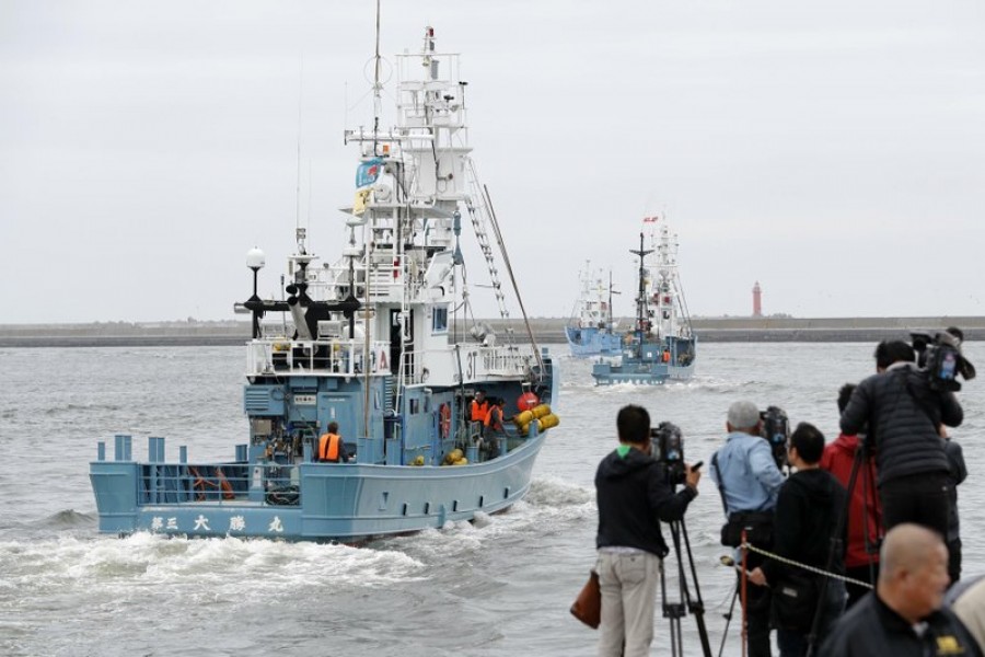 Whaling boat leave a port in Kushiro, Hokkaido, northern Japan Monday, July 1, 2019. Japan is resuming commercial whaling for the first time in 31 years, a long-cherished goal seen as a largely lost cause. (Masanori Takei/Kyodo News via AP)