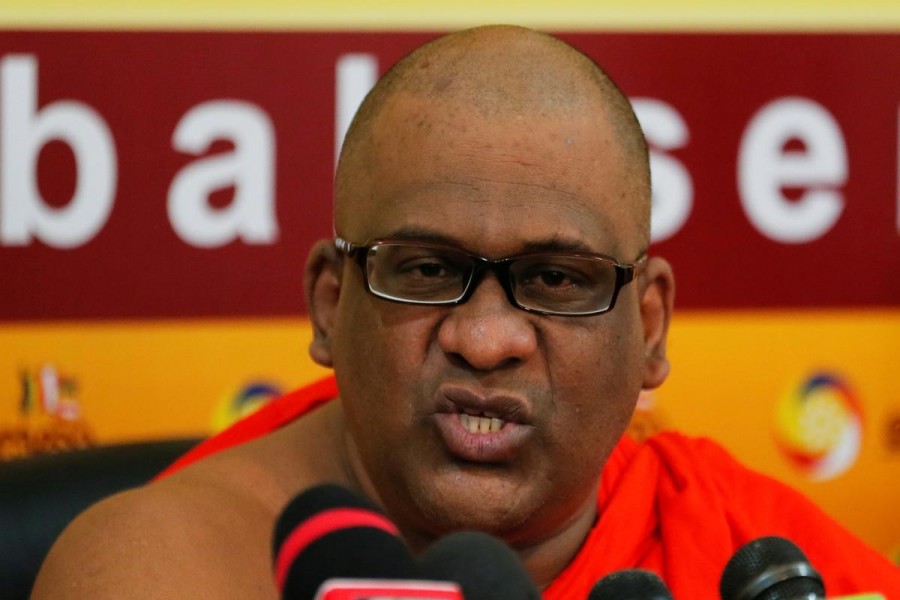 FILE PHOTO: Galagoda Aththe Gnanasara Thero, head of the hardline Bodu Bala Sena (BBS) or "Buddhist Power Force", speaks during a news conference in Colombo, Sri Lanka May 28, 2019 - REUTERS/Dinuka Liyanawatte