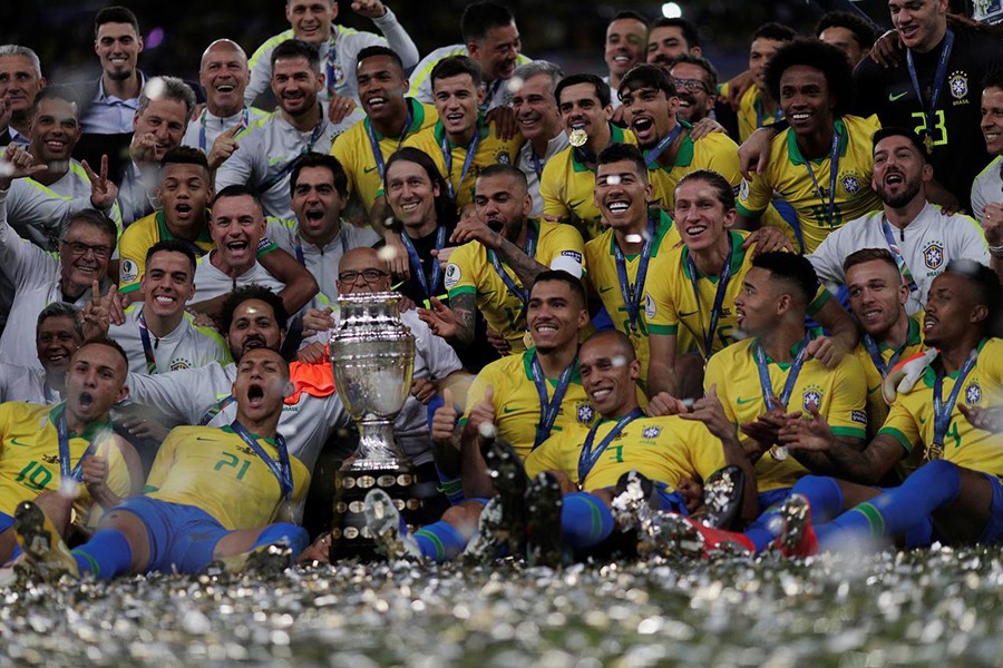 Brazil players celebrate winning the Copa America with the trophy — Reuters photo