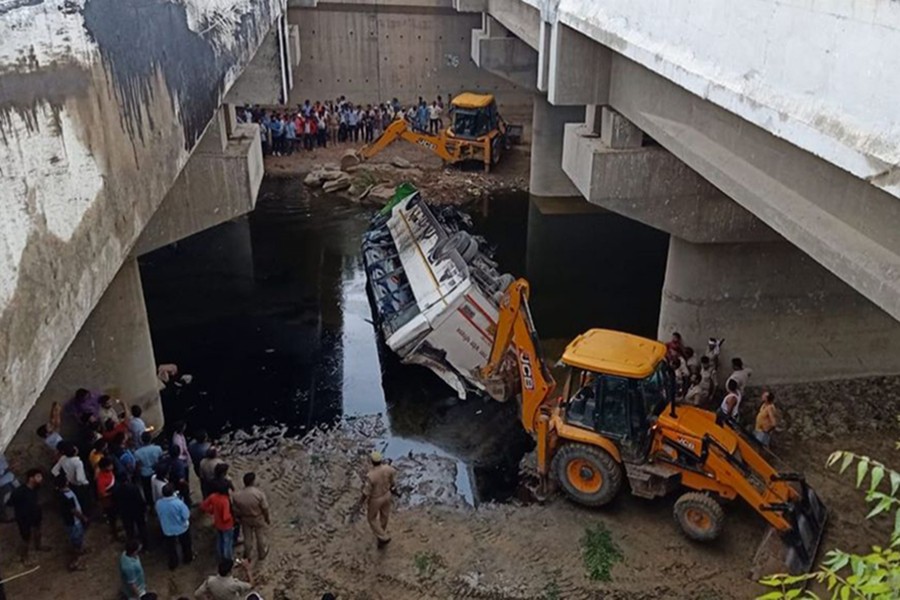 27 die as bus falls into drain near Agra