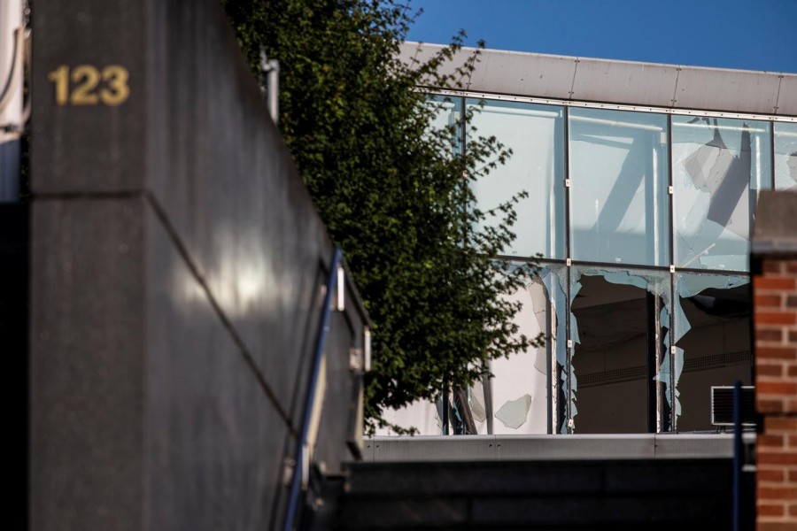 Broken windows are pictured at the Tax Authority building at Oesterbro, where an explosion occured near Nordhavn Station, in Copenhagen, Denmark, August 7, 2019. Olafur Steinar Rye Gestsson/Ritzau Scanpix/via REUTERS